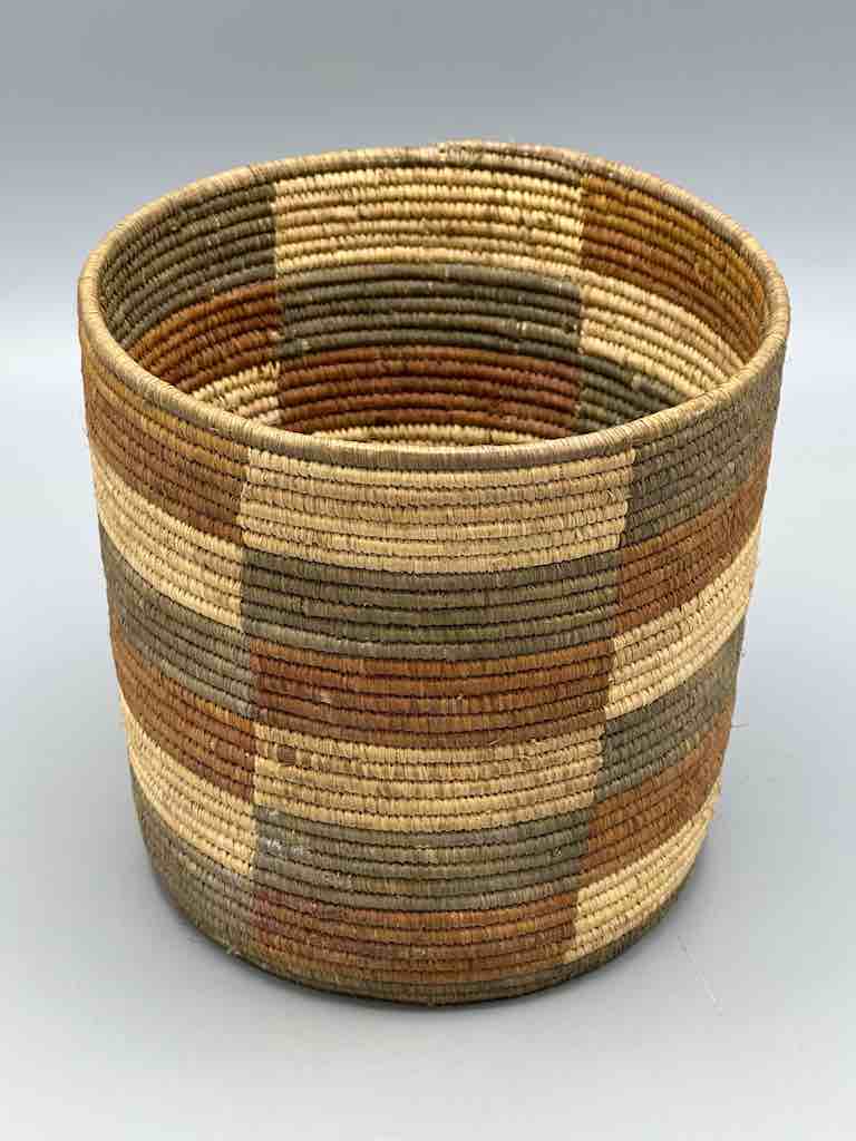 Earth tone checkerboard cylinder tightest weave Batwa basket