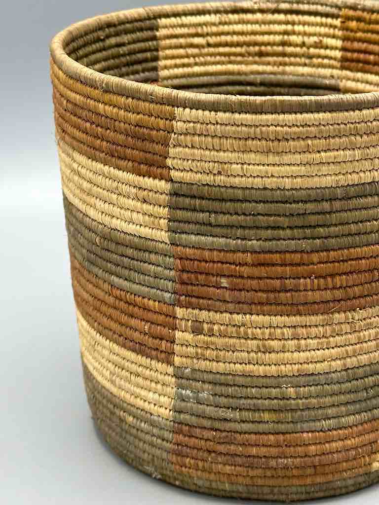 Earth tone checkerboard cylinder tightest weave Batwa basket