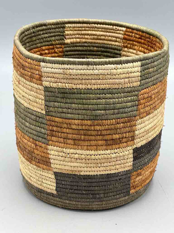 Earth tone checkerboard cylinder tightest weave Batwa basket