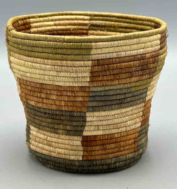 Earth tone checkerboard cylinder tightest weave Batwa basket