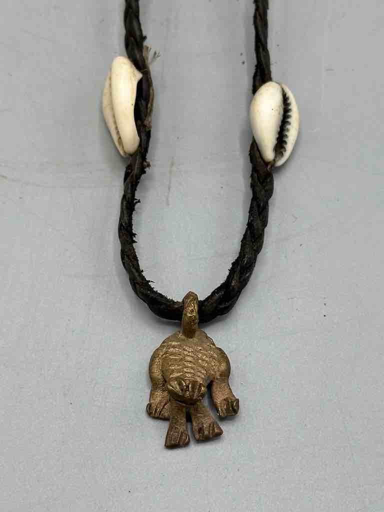 Leather & Cowrie Shell Brass Animal Pendant Necklace Choker - Mali