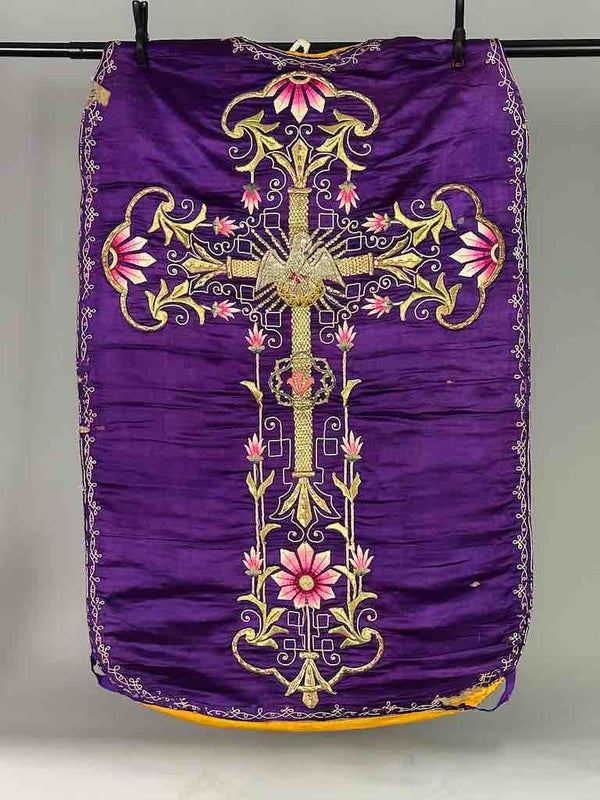 Antique Vietnamese Catholic Nurturing Bird Cross Design Chasuble Authentic Ecclesiastical Garment