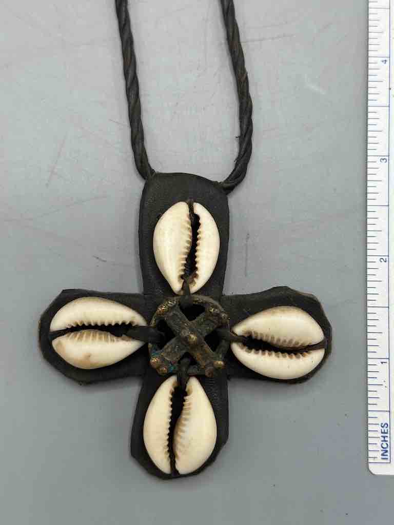 Leather & Cowrie Shell Brass Gold Weight Pendant Necklace - Mali