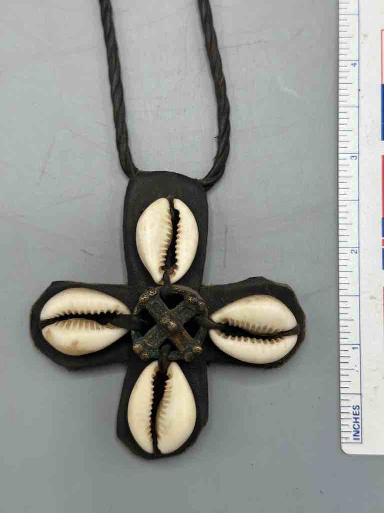 Leather & Cowrie Shell Brass Gold Weight Pendant Necklace - Mali