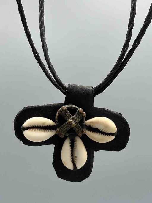 Leather & Cowrie Shell Brass Gold Weight Pendant Necklace - Mali