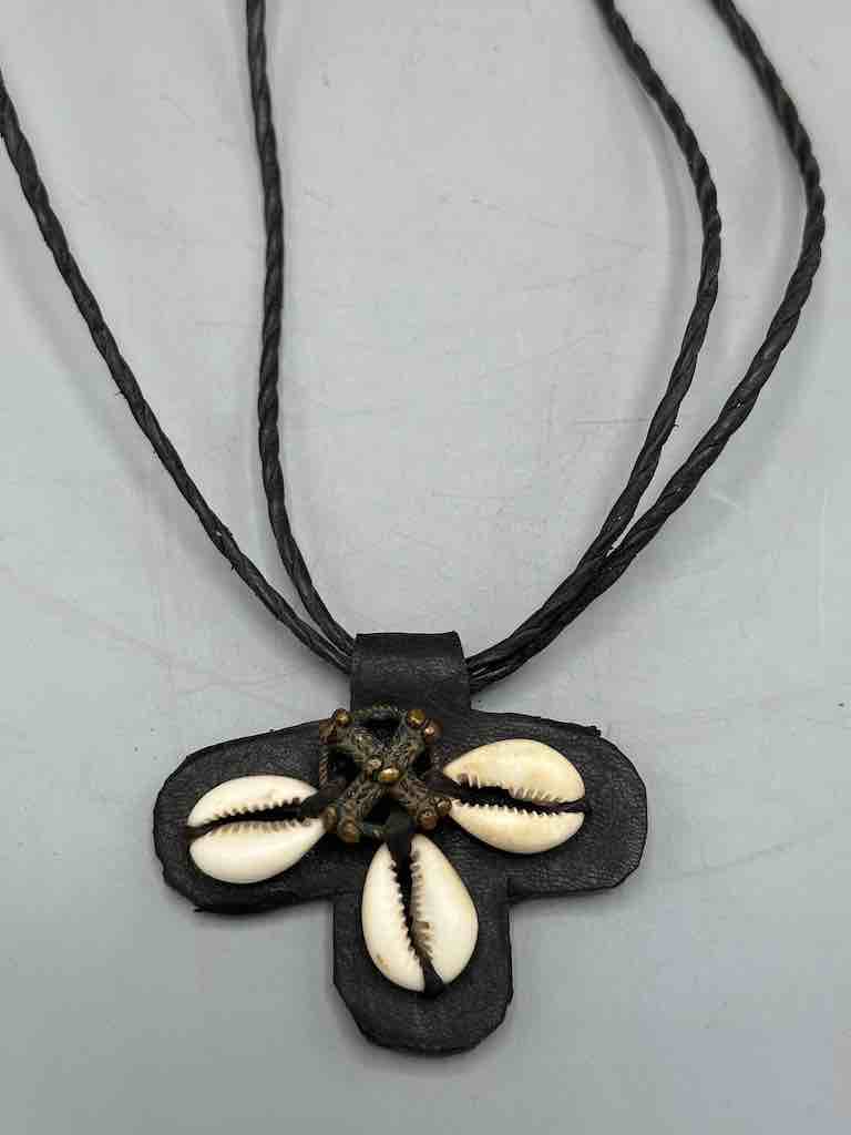 Leather & Cowrie Shell Brass Gold Weight Pendant Necklace - Mali