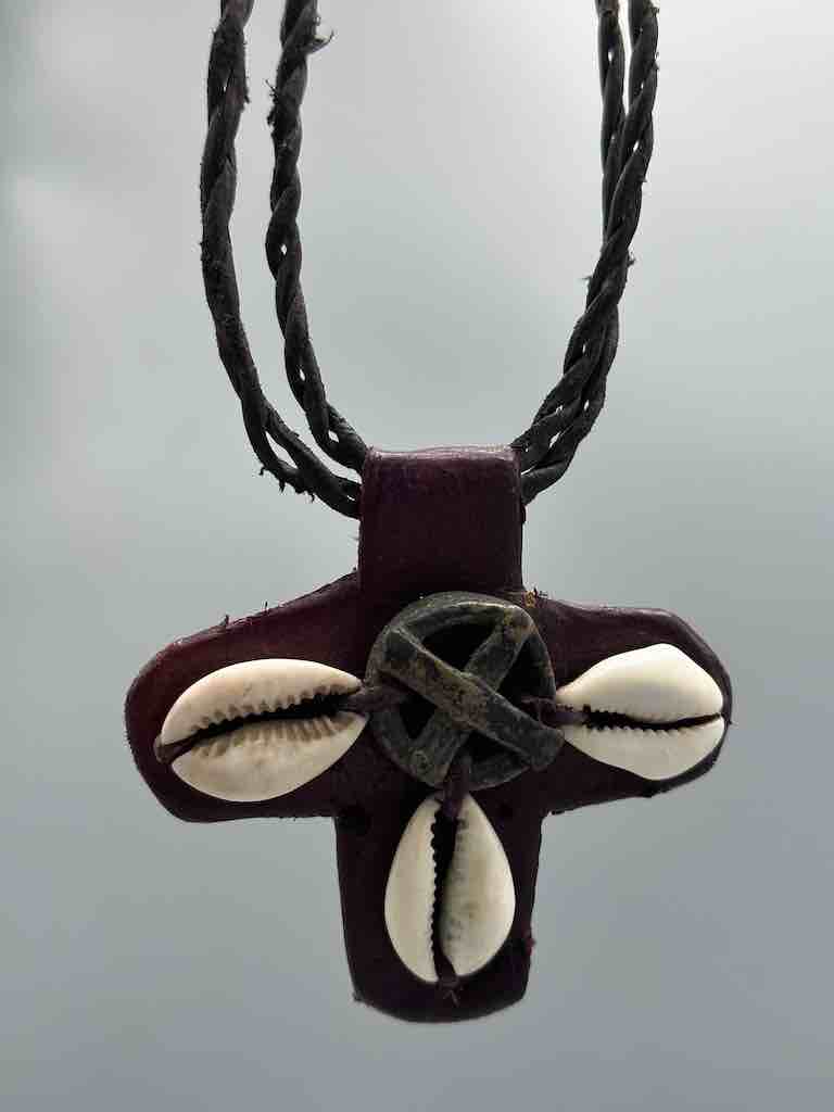 Leather & Cowrie Shell Brass Gold Weight Maroon Pendant Necklace - Mali