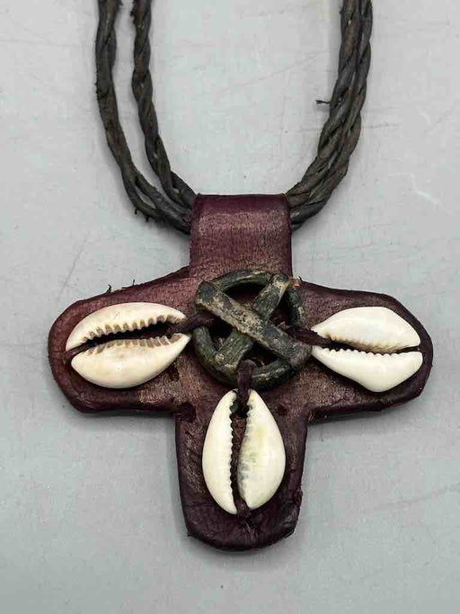 Leather & Cowrie Shell Brass Gold Weight Maroon Pendant Necklace - Mali