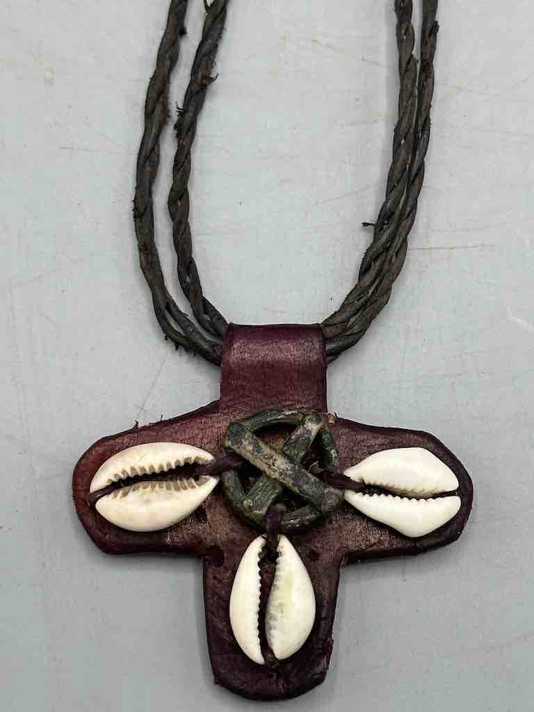 Leather & Cowrie Shell Brass Gold Weight Maroon Pendant Necklace - Mali