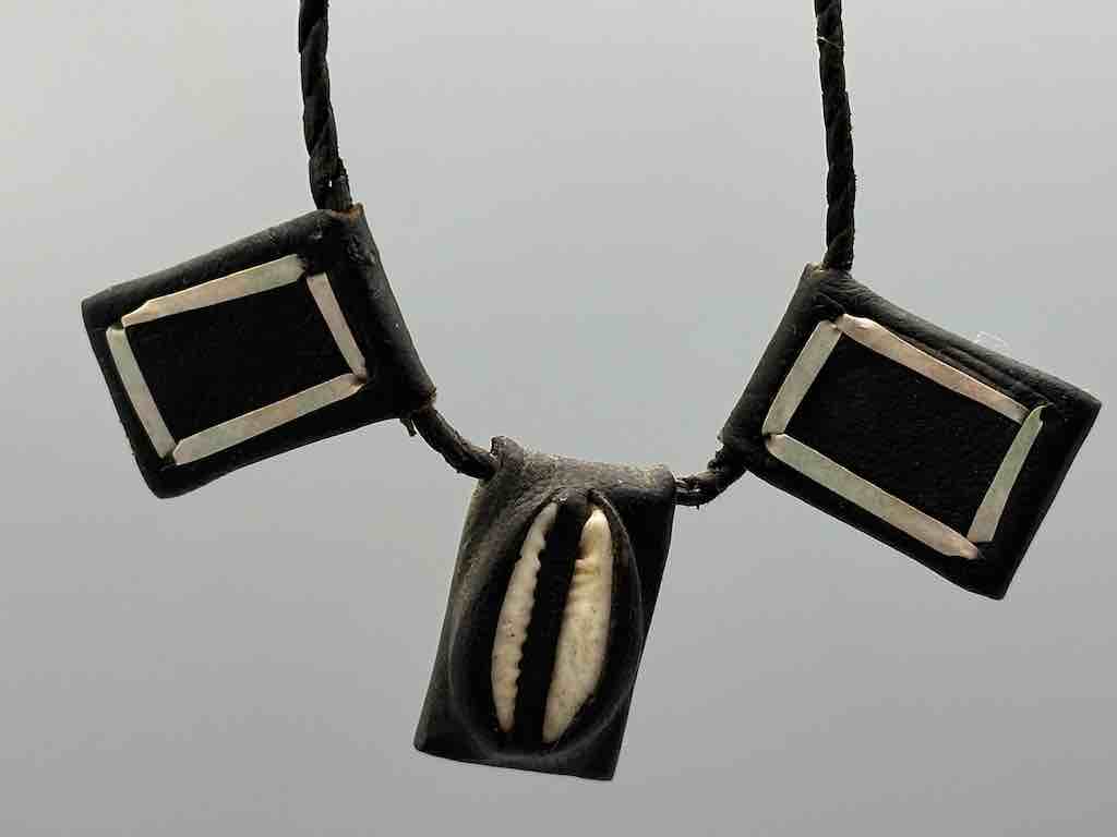 Cowrie Shell Triple GriGri Black Leather Cord Long Necklace - Mali