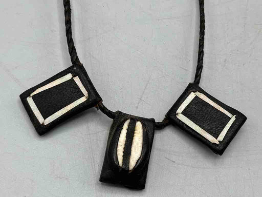 Cowrie Shell Triple GriGri Black Leather Cord Long Necklace - Mali