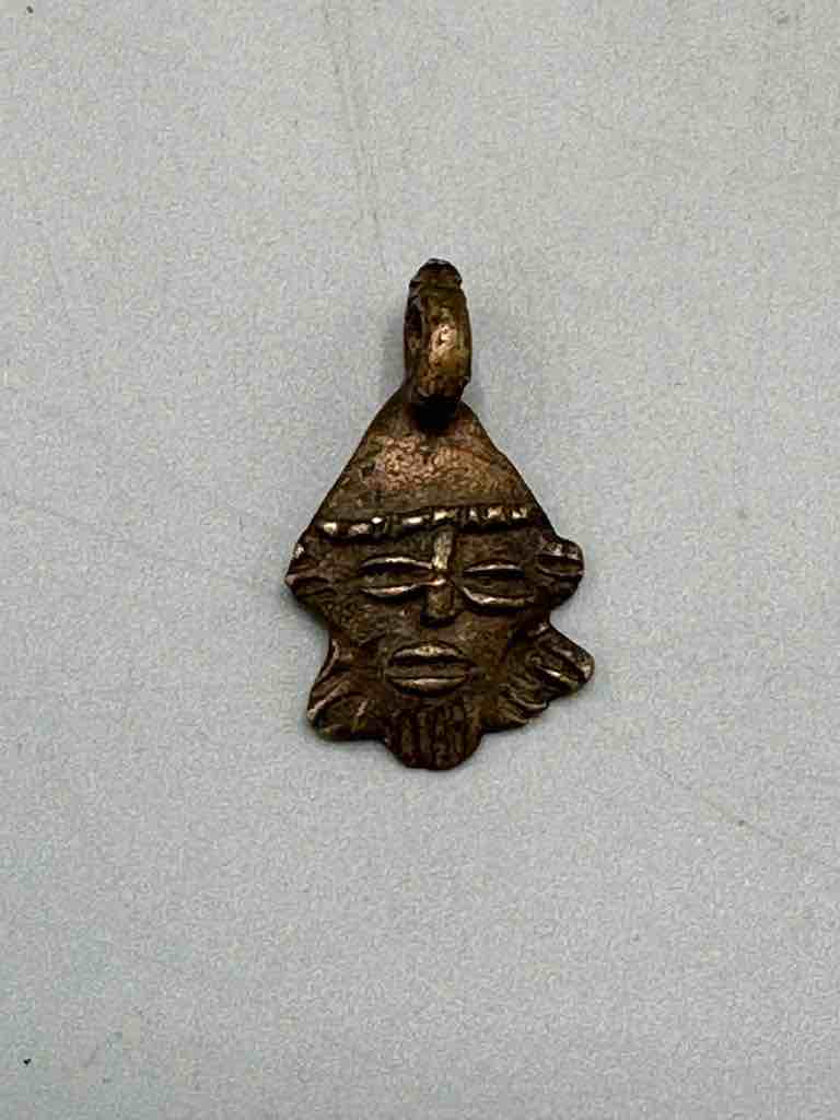 Unique Small Diamond-Shape Bearded African Brass Mask Pendant - Ghana