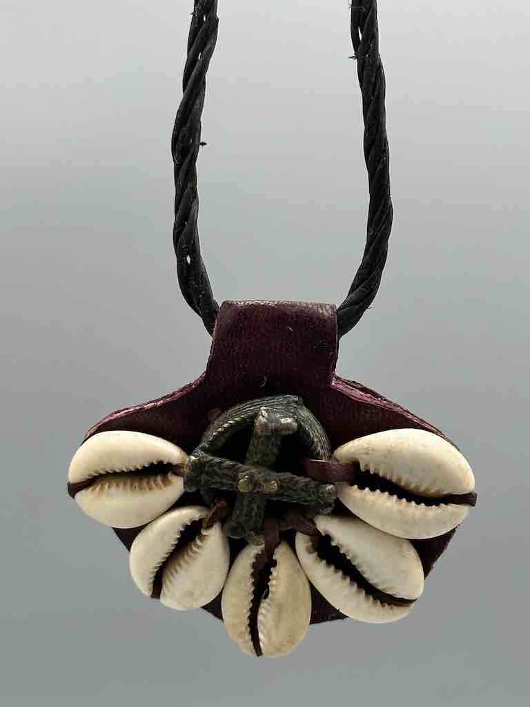 Leather & Cowrie Shell Brass Gold Weight Maroon Pendant Necklace - Mali