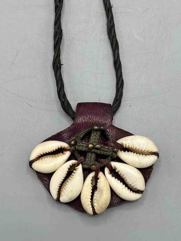 Leather & Cowrie Shell Brass Gold Weight Maroon Pendant Necklace - Mali