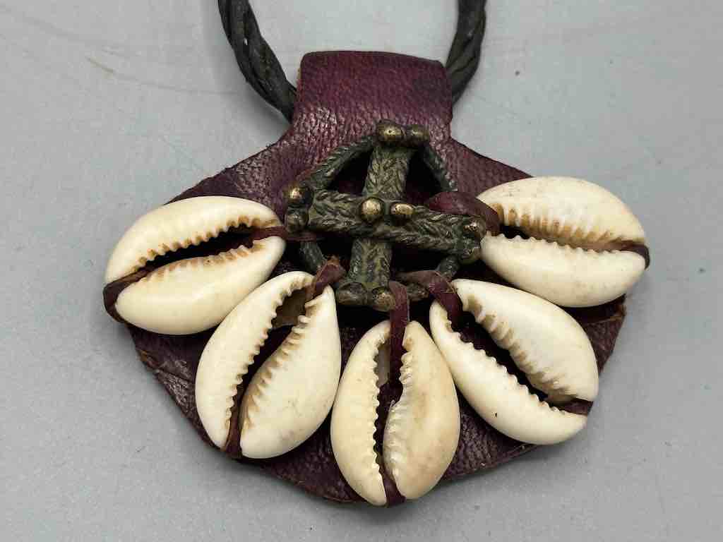 Leather & Cowrie Shell Brass Gold Weight Maroon Pendant Necklace - Mali