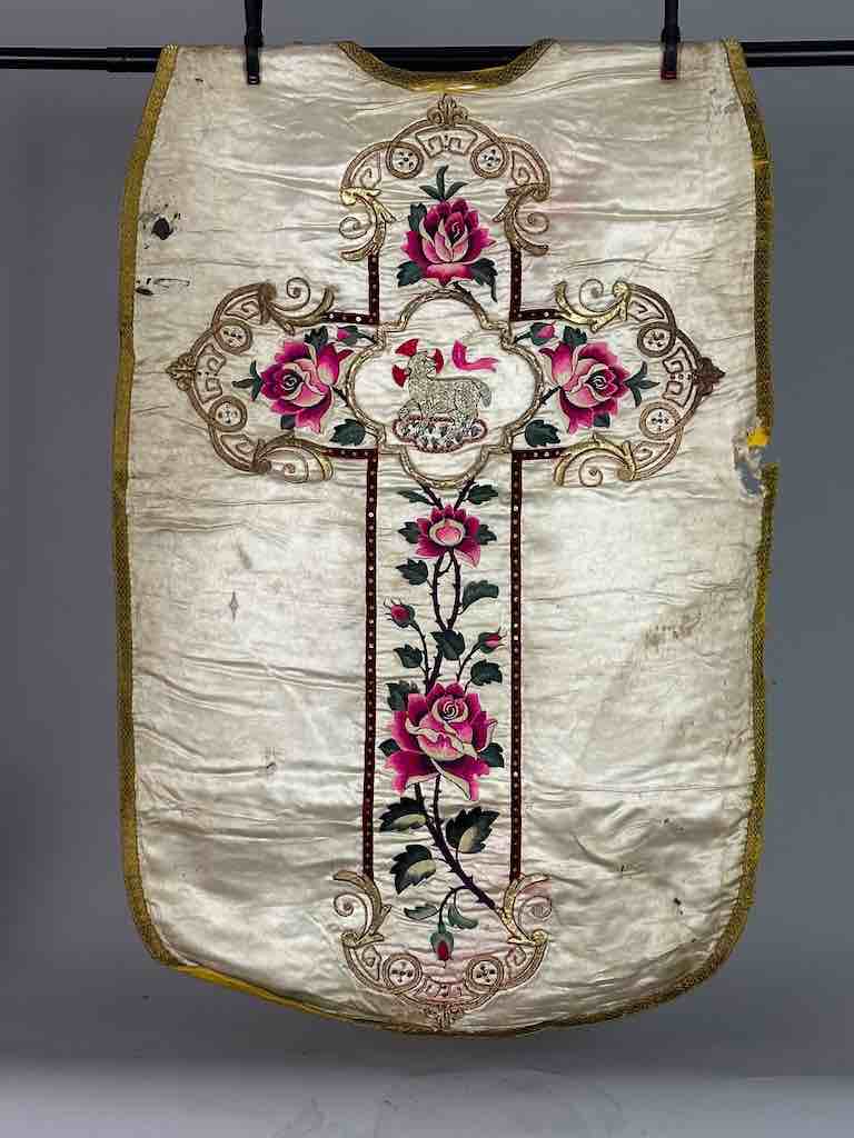 Antique Vietnamese Catholic Lamb of God Cross Design Chasuble Authentic Ecclesiastical Garment