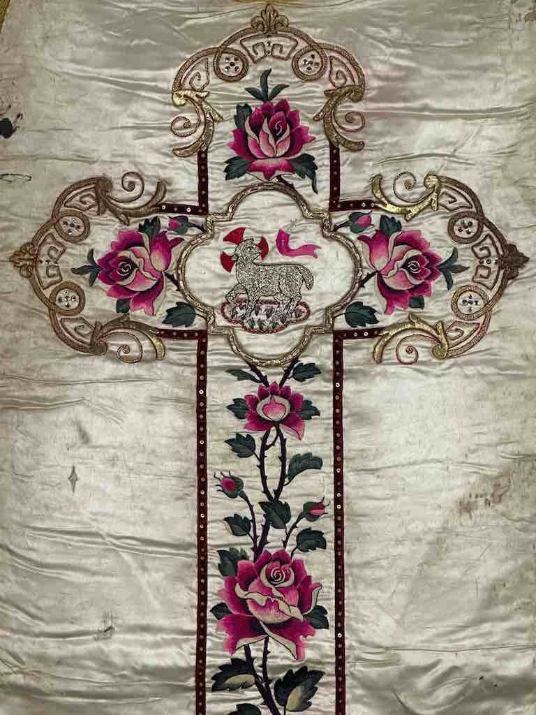 Antique Vietnamese Catholic Lamb of God Cross Design Chasuble Authentic Ecclesiastical Garment