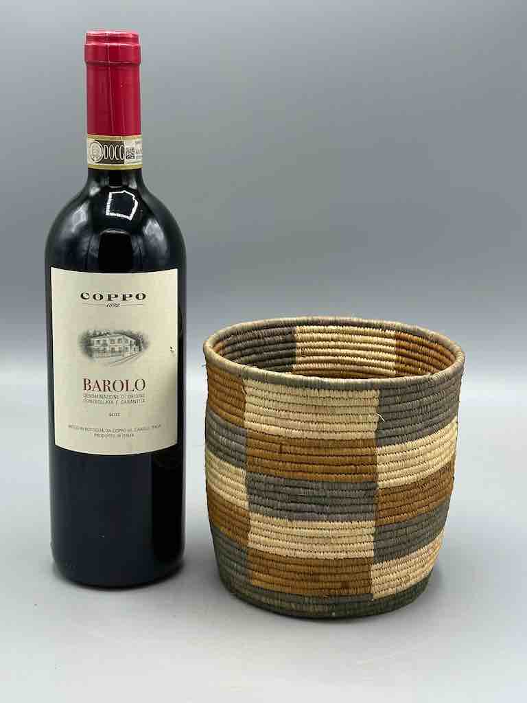 Earth tone checkerboard cylinder tightest weave Batwa basket