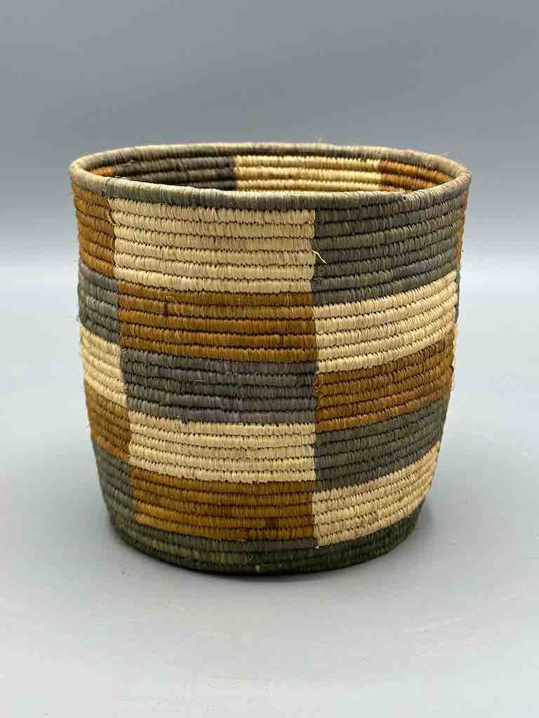 Earth tone checkerboard cylinder tightest weave Batwa basket