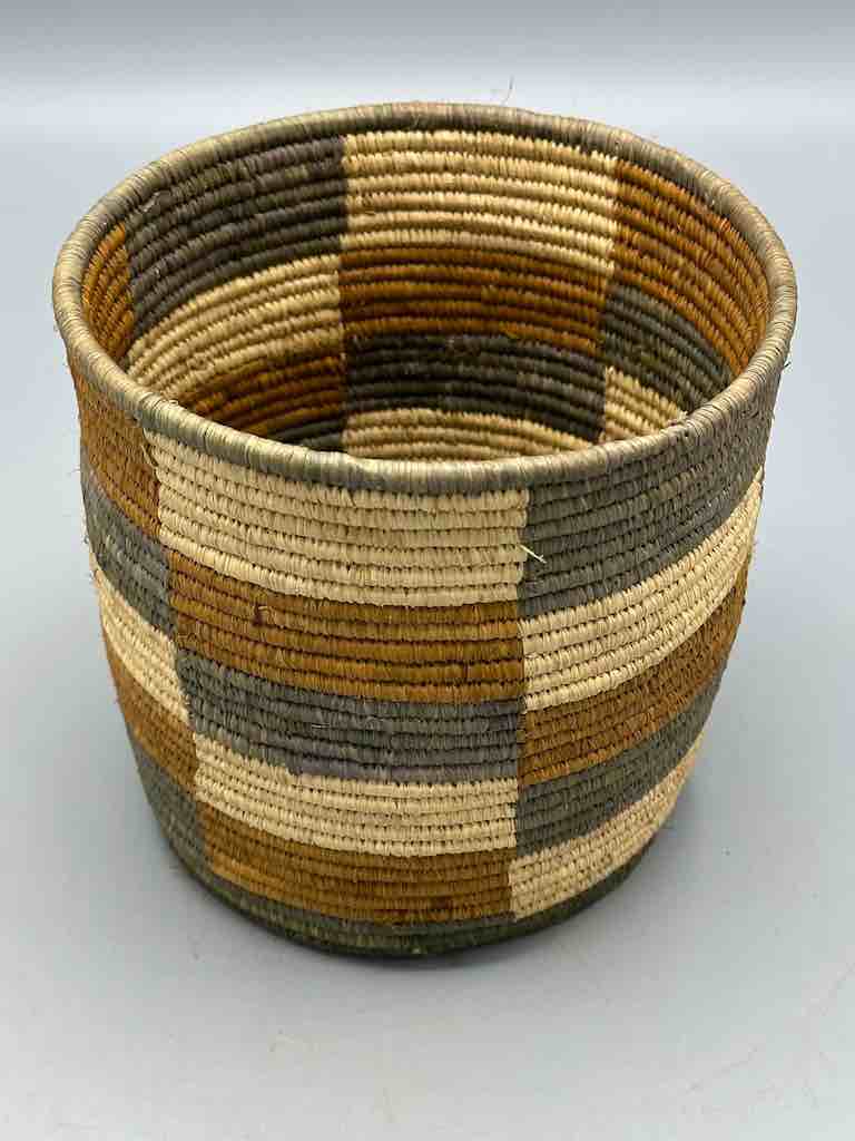 Earth tone checkerboard cylinder tightest weave Batwa basket