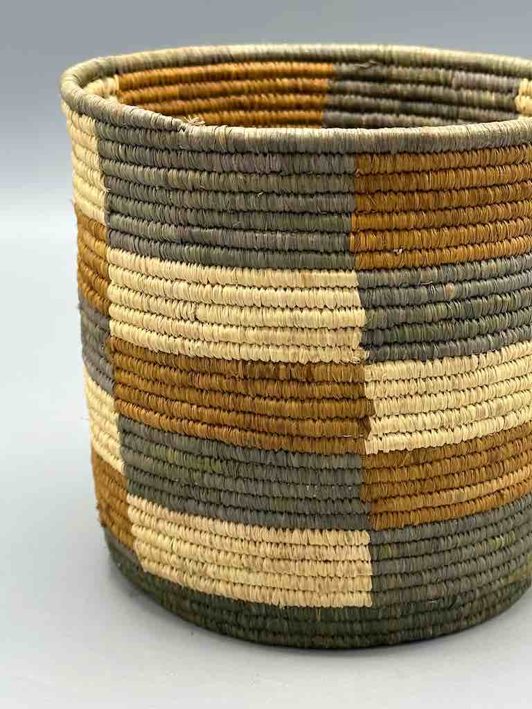 Earth tone checkerboard cylinder tightest weave Batwa basket