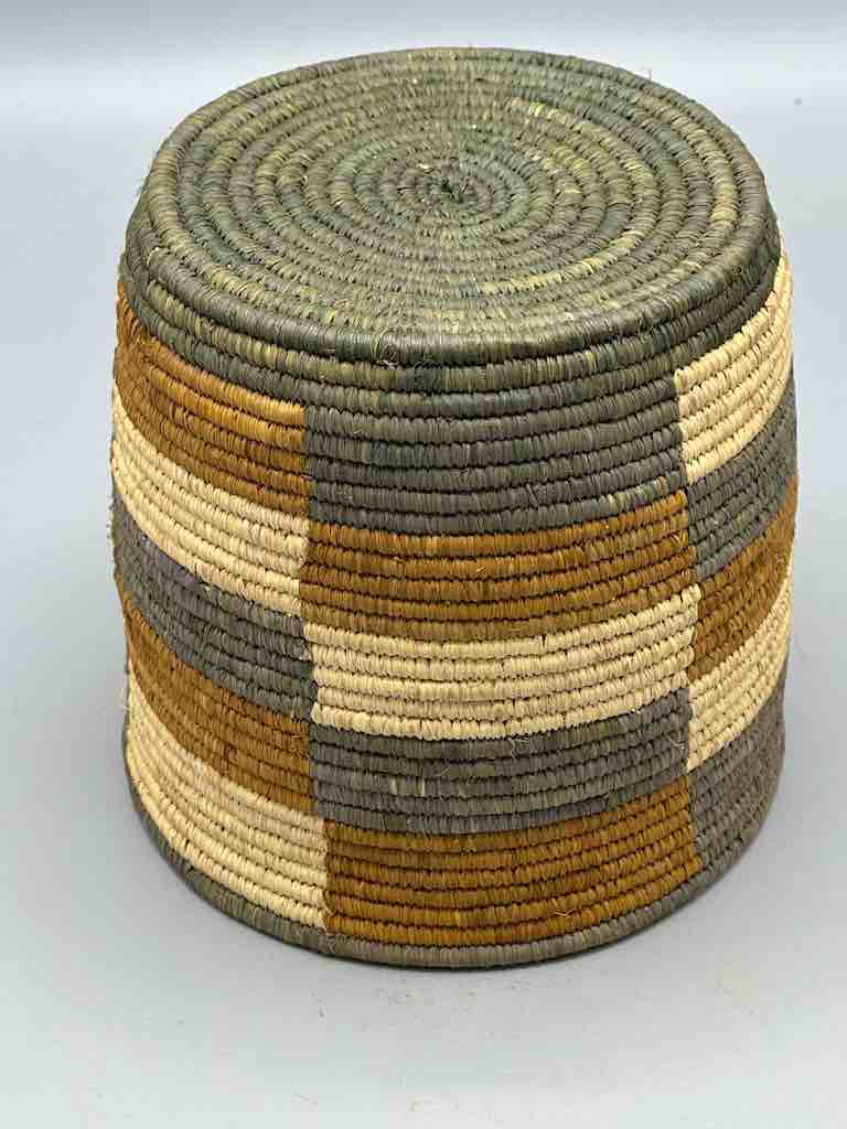 Earth tone checkerboard cylinder tightest weave Batwa basket