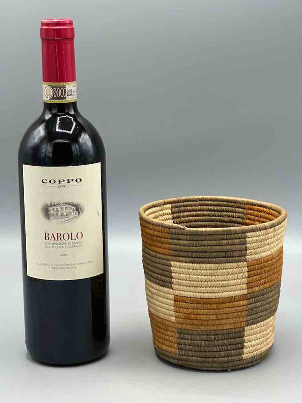Earth tone checkerboard cylinder tightest weave Batwa basket