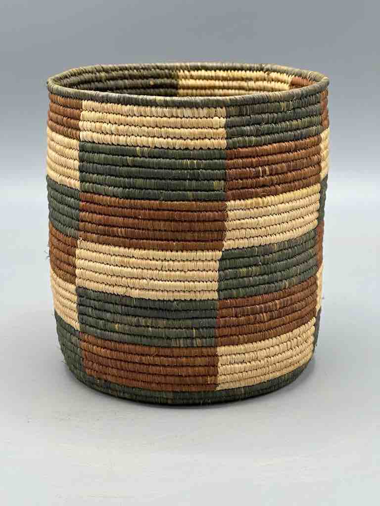 Earth tone checkerboard cylinder tightest weave Batwa basket