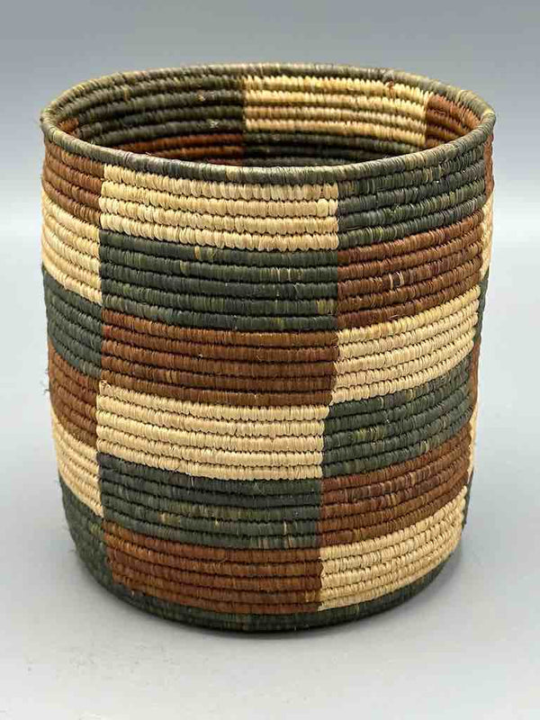 Earth tone checkerboard cylinder tightest weave Batwa basket