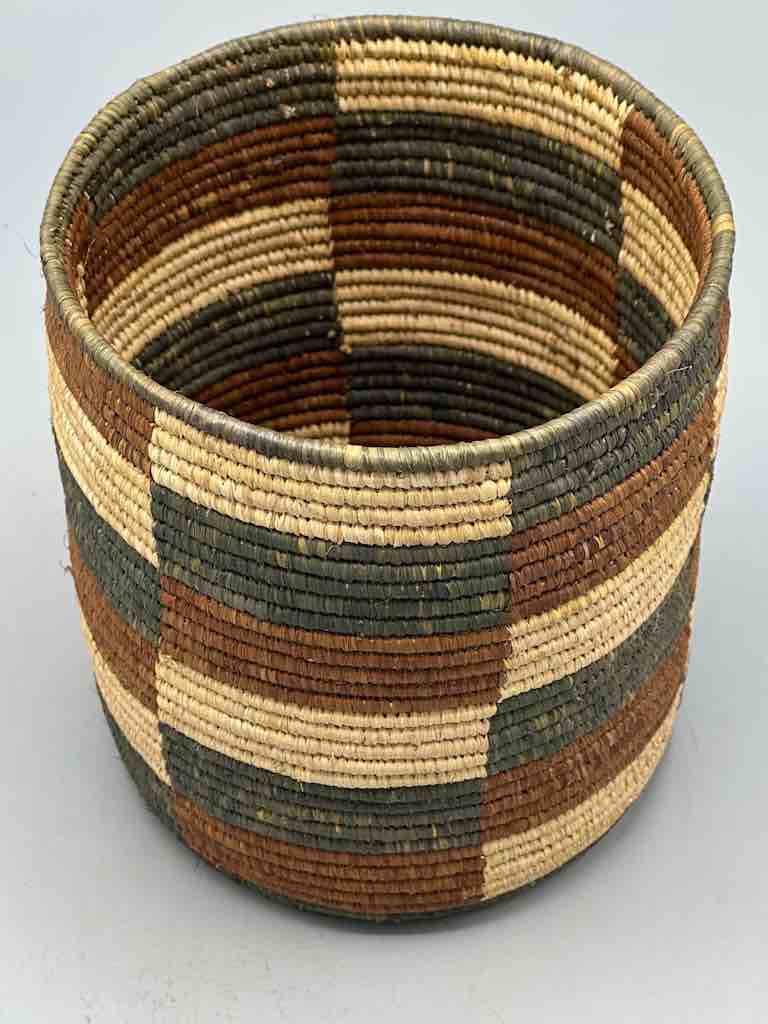 Earth tone checkerboard cylinder tightest weave Batwa basket