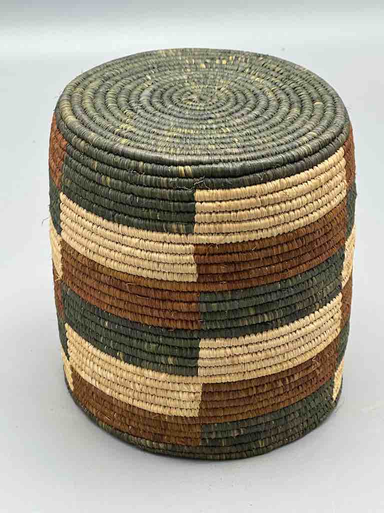 Earth tone checkerboard cylinder tightest weave Batwa basket