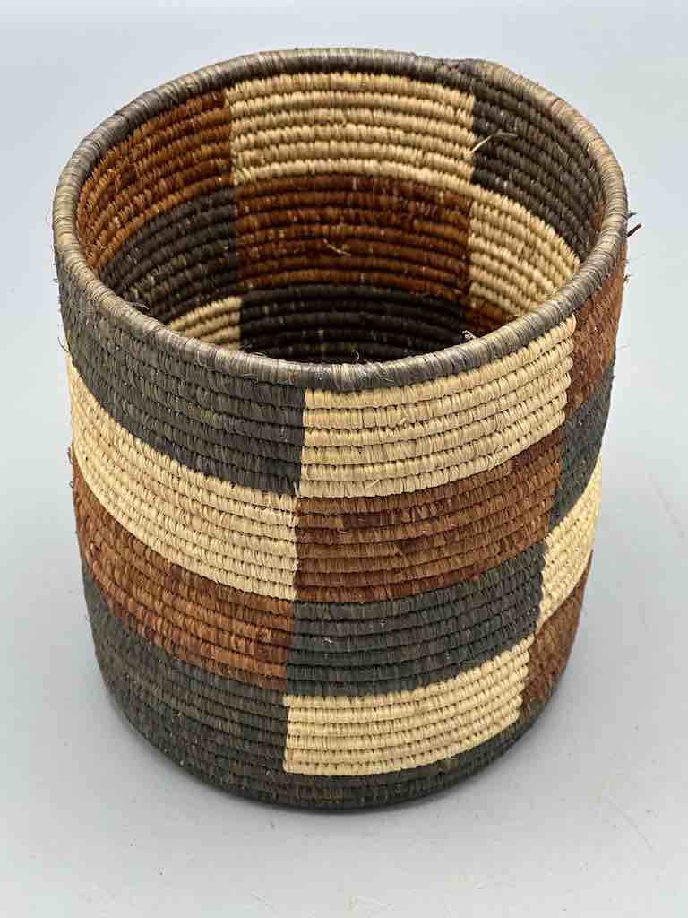 Earth tone checkerboard cylinder tightest weave Batwa basket