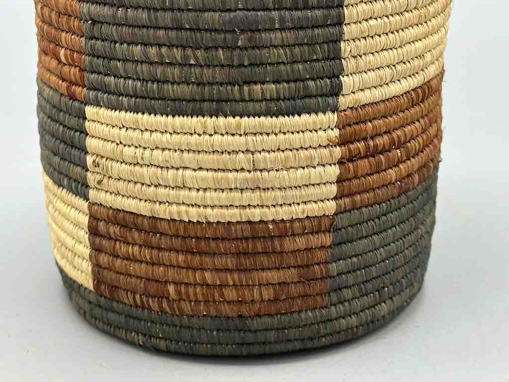 Earth tone checkerboard cylinder tightest weave Batwa basket