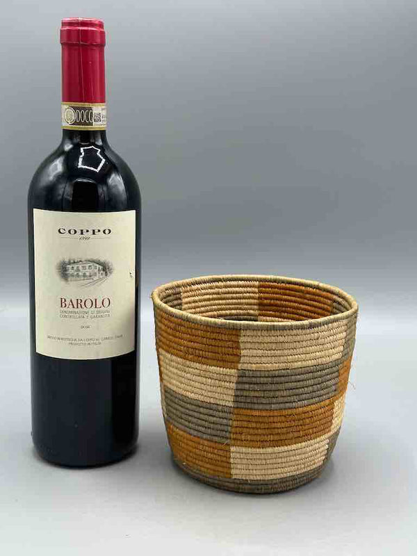 Earth tone checkerboard cylinder tightest weave Batwa basket