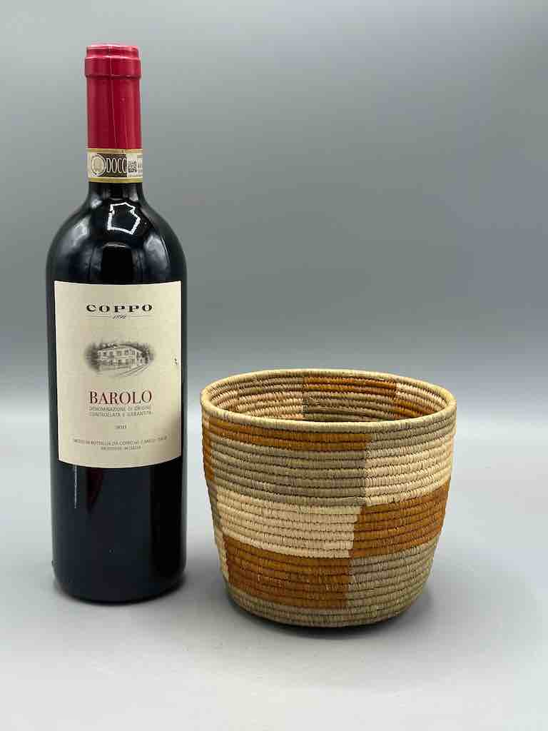 Earth tone checkerboard cylinder tightest weave Batwa basket