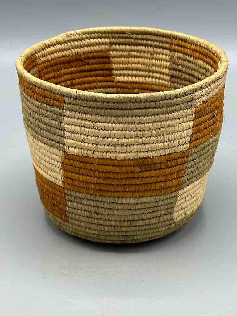 Earth tone checkerboard cylinder tightest weave Batwa basket