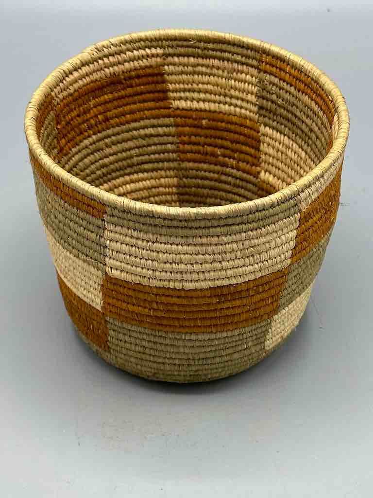 Earth tone checkerboard cylinder tightest weave Batwa basket