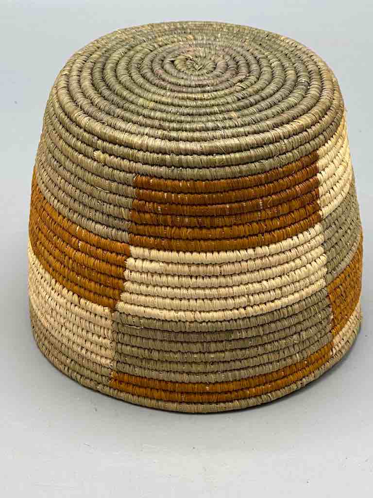 Earth tone checkerboard cylinder tightest weave Batwa basket