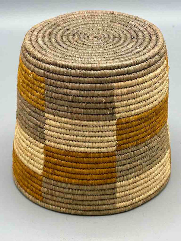 Earth tone checkerboard cylinder tightest weave Batwa basket