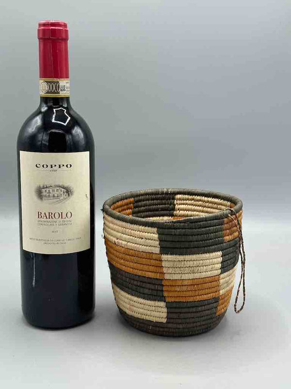 Earth tone checkerboard cylinder tightest weave Batwa basket