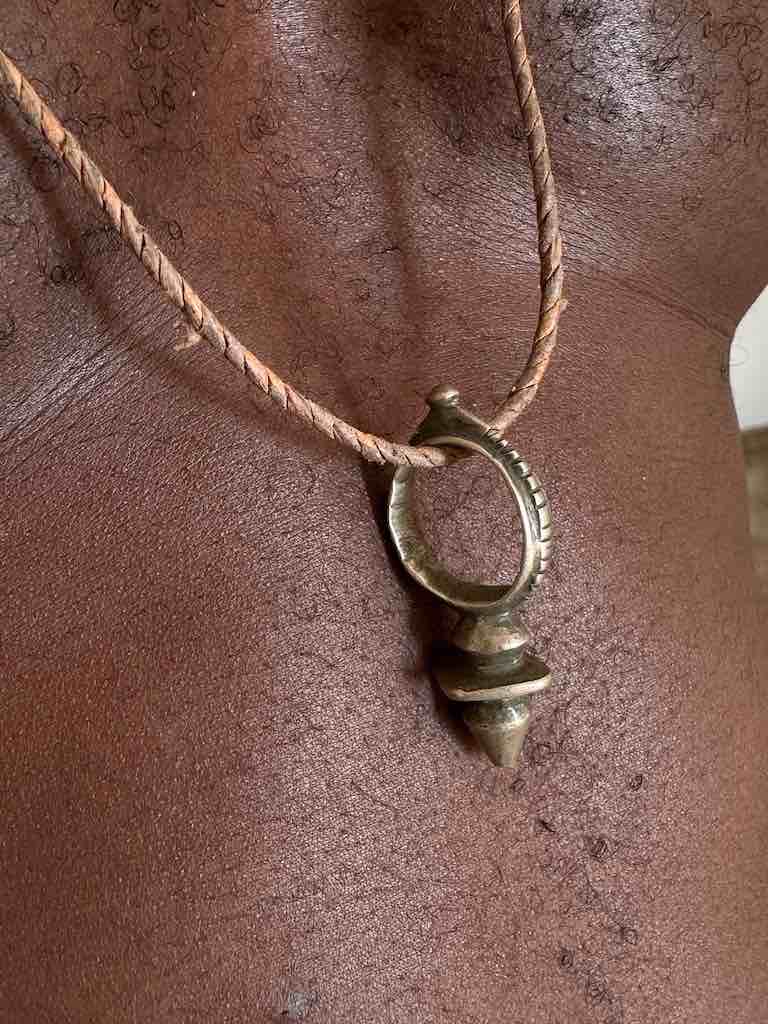 Small Vintage Tuareg Zinder Coin Silver Pendant Leather Necklace - Niger