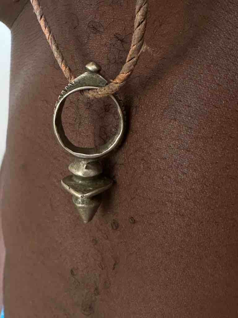 Small Vintage Tuareg Zinder Coin Silver Pendant Leather Necklace - Niger