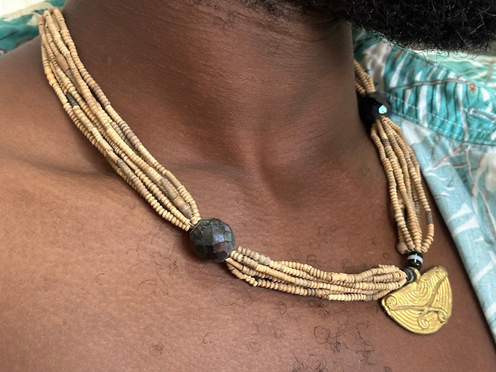 Smallest Excavated Clay Bead, Brass Bead, Inlaid Wooden Bead Necklaces - Mali