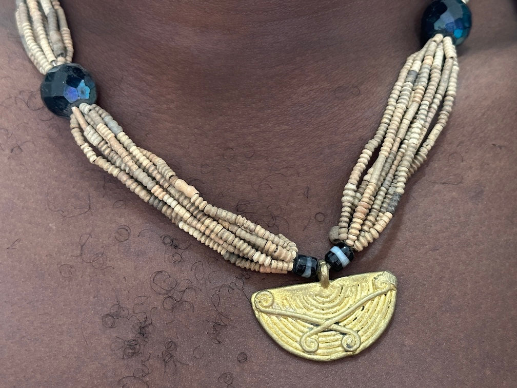 Smallest Excavated Clay Bead, Brass Bead, Inlaid Wooden Bead Necklaces - Mali