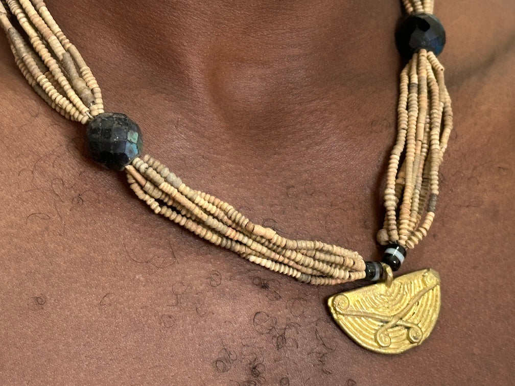 Smallest Excavated Clay Bead, Brass Bead, Inlaid Wooden Bead Necklaces - Mali