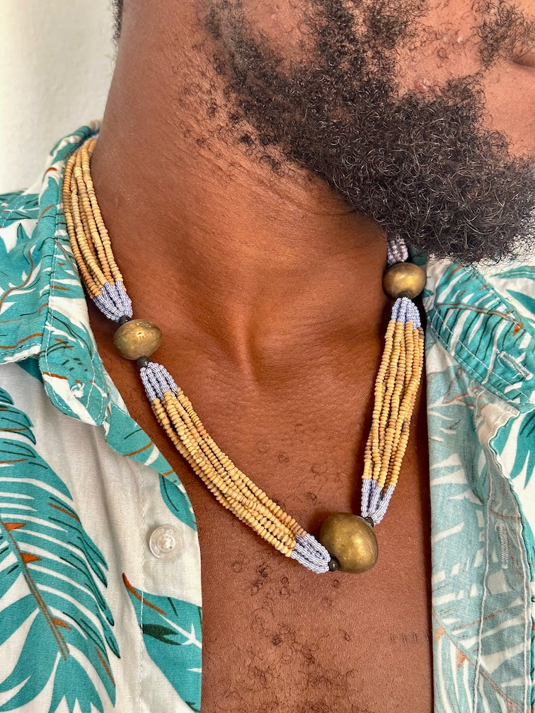 Smallest Excavated Clay Bead, Brass Bead, Inlaid Wooden Bead Necklaces - Mali