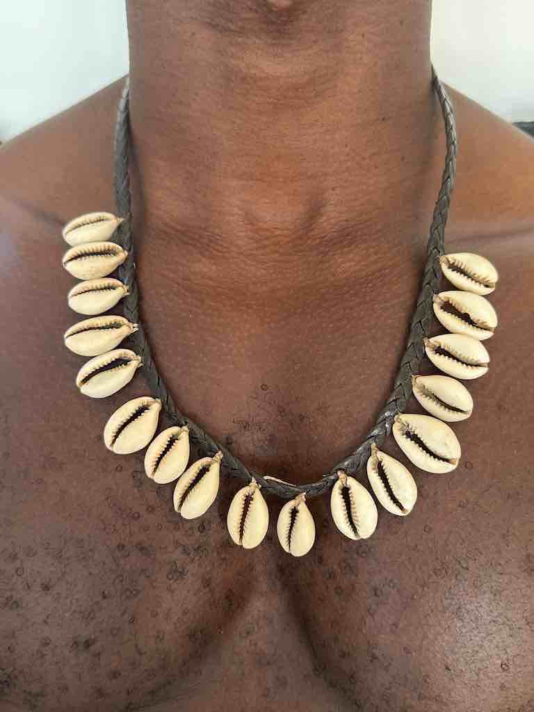 Hanging Cowrie Shell Braided Black Leather Clasp Long Necklace - Mali