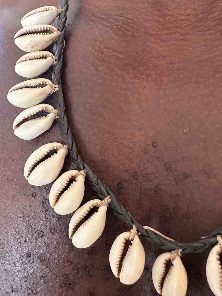 Hanging Cowrie Shell Braided Black Leather Clasp Long Necklace - Mali