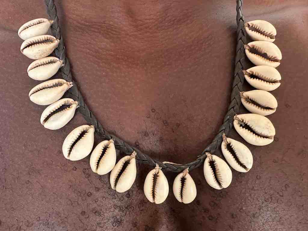 Hanging Cowrie Shell Braided Black Leather Clasp Long Necklace - Mali