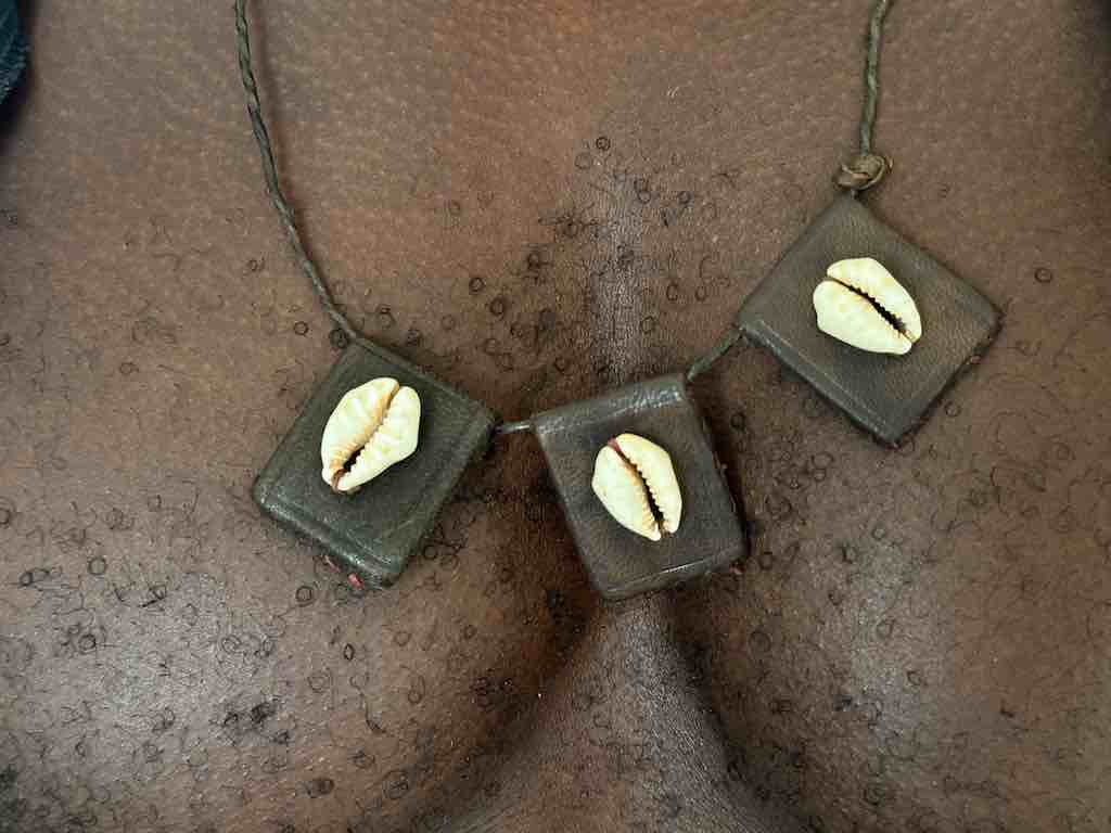 Cowrie Shell Triple GriGri Black Leather Cord Long Necklace - Mali